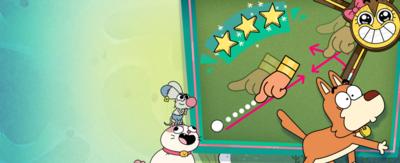 Boy Girl Dog Cat Mouse Cheese golfing gambit game logo.