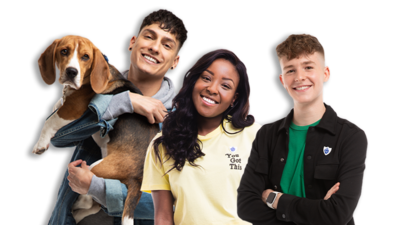 The blue Peter presenters: Adam, Mwaksy, Richie and Henry, the Blue Peter dog.