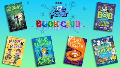 Six books sit on a blue and green gradient background surrounding the Blue Peter Book Club logo.