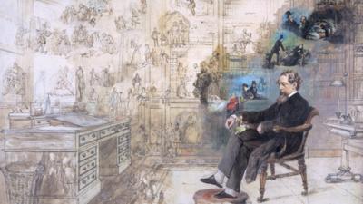 Watercolour portrait of Charles Dickens and his characters