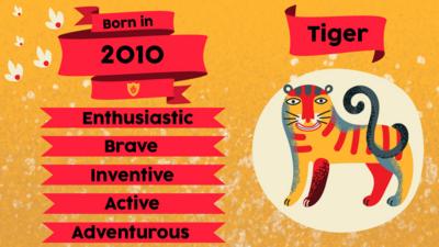 A tiger and flags with text "Born in 2010. Enthusiastic, brave, inventive, active, adventurous""