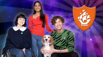 Blue Peter's Joel, Shini, Abby and Henry are on a purple galaxy background, to their right is a large image of an orange Blue Peter badge.