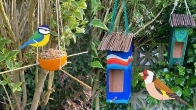 Two bird feeders hanging in a garden