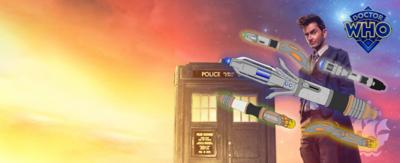 The Fourteenth Doctor from Doctor Who stands infront of his TARDIS space ship with his hands in his pocket, illustrated versions of various sonic screwdrivers are scattered around the picture, indicating that you can use the parts to create your own.