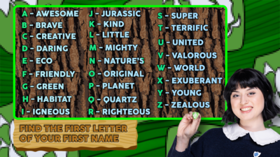 An eco warrior name generator image, featuring lots of word combinations, please locate the transcript further down the page to find the text for your screenreader.