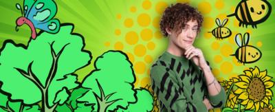Blue Peter's Joel stands with his hand to his chin in a thinking position. The background contains cartoon illustrations of trees, butterflies and bees.