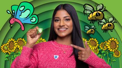 Blue Peter's Shini is holding a Green Blue Peter badge and pointing to it. On the background behind her are sunflowers, bees and a butterfly. 