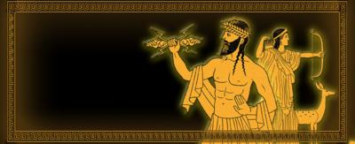 An ancient greek style black and orange image depicting the gods Zeus and Artemis, text says "Which Greek God are you?"