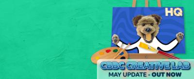 An easel with a drawing of Hacker the Dog. "CBBC Creative Lab, May update out now!"