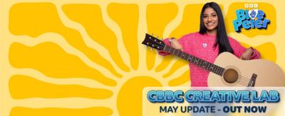 Blue Peter's Shini holding a guitar. "CϿ¼ Creative Lab, May update out now!"