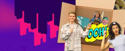 Image of a cardboard box, with Alishea and Lee from CBBC HQ