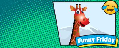 Red cartoon giraffe in box on left. Green background.