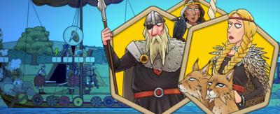 Illustrated characters (Norse Gods) in front of a ship.