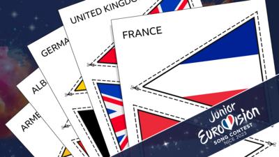 Downloadable bunting sheets, with guides on how to cut out each flag.
