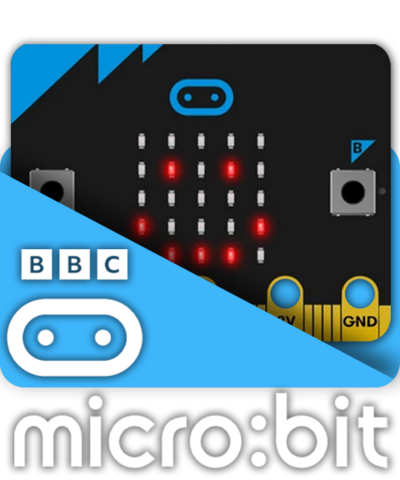 A blue micro:bit circuit board with the micro:bit logo underneath
