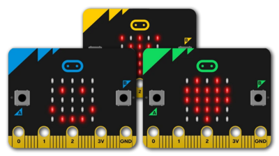 Three micro:bits in green, yellow and blue