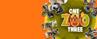 Image of the One Zoo Three logo, surrounded by jigsaw pieces with images of animals on them, including tapirs, meerkats and tigers.