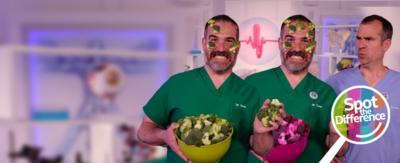 Spot the difference game, Doctor Xand holds a bowl of broccoli, some of it is on his face, there are two Xands and both have different brocollis.