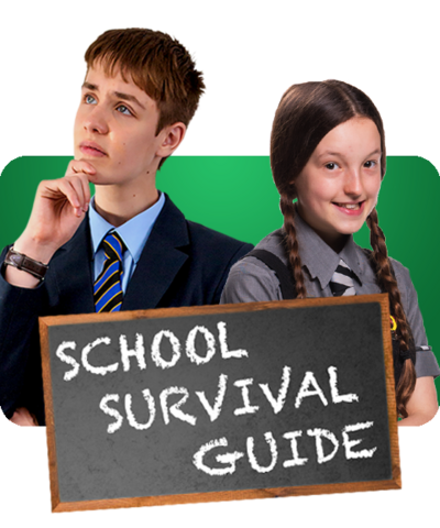 Two characters from C鶹Լ shows in their school uniforms with a blackboard saying 'School Survival Guide'.