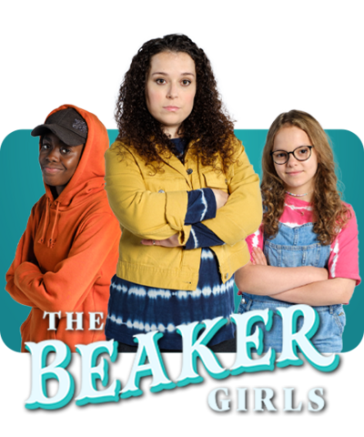 Jordan, Tracey and Jess with The Beaker Girls logo.