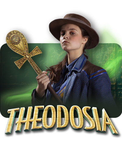 Theo holding the Staff of Osiris with the Theodosia logo