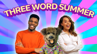 A man in an orange jumper, a grinning dog and a woman in a cream jacket are posing in front of a pink and blue striped backdrop. Above them is the text "Three Word Summer".