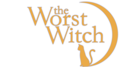 The Worst Witch Logo in yellow with a cat sat in a crescent shaped moon. 