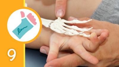 Childs hand with a skeleton hand over the top and a graphic showing a hand in a plaster cast