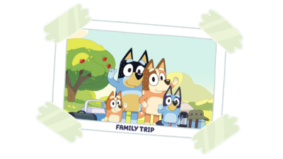 Bluey and her family, sister Bingo, dad Bandit and mum Chili, they are in cartoon dogs in a photograph.