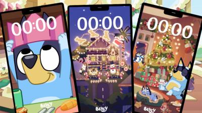 Three phones with wallpapers that show Bluey in a paper hat, Bluey's house lit up with christmas lights and a christmas tree with a sleeping Bandit sitting next to it.