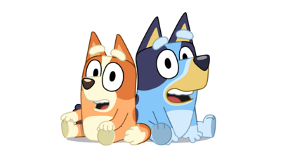 Bluey and Bingo are sitting down and smiling.