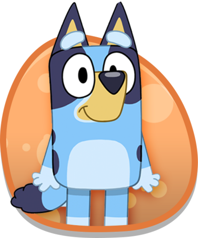 Bluey character in an orange egg.