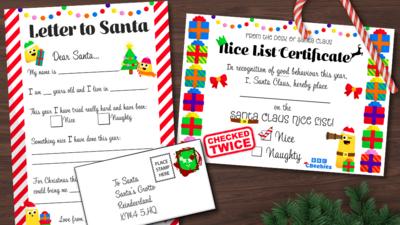 Two pieces of paper; one states it is a letter to santa, and the other reads nice list certificate. There is Christmas images like presents and a Christmas tree are around the paper. There is an envelope on top of the papers that is addressed to Santa.