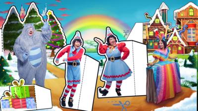 Image shows two cut out elves, a princess and a yeti on a snowy hill, with presents and trees surrounding them.