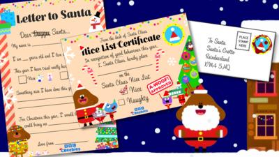 Two pieces of paper; one states it is a letter to santa, and the other reads nice list certificate. Duggee is dressed as Santa against a blue snowy sky. There is an envelope on top of the papers that is addressed to Santa.