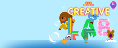 A blue graident background, with the cast of Hey Duggee surrounding the Creative Lab logo