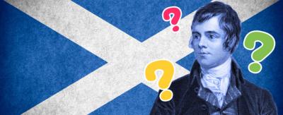 Image of Robert Burns in front of a Scottish flag and question marks all around him