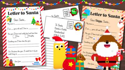 Two pieces of paper that have text reading letter to santa at the top. Two envelopes show an address for santa. Ilustration of Duggee dressed as Santa, and a CBeebies bug next to presents.