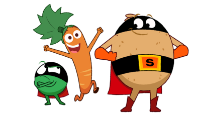 Illustration of characters Supertato - a potato, Evil pea - a pea, and Carrot.
