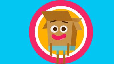 An open cardboard box with two legs and two arms, and a smiling face.