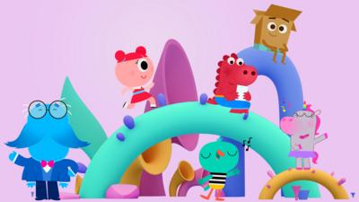 Mr Moustache, Pigi, Kate, Dino, Nina and Boxy are playing on various coloured shapes that act as beams to stand and play on.