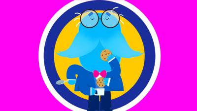 Blue person with four arms that are holding biscuits, a cup and a spoon. The face is large and mainly taken up with a large blue moustache. Their eyes are small and they wear black round glasses.