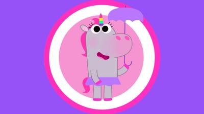 A pink unicorn with a rainbow horn is standing on two legs, wearing a tutu skirt and holding an umbrella.