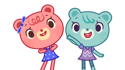 A pink bear and a blue bear illustration of characters, Tish and Tash.