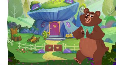 Illustration showing a large brown bear that is wearing a green neck scarf. They are standing in front of a gates to their stone home.