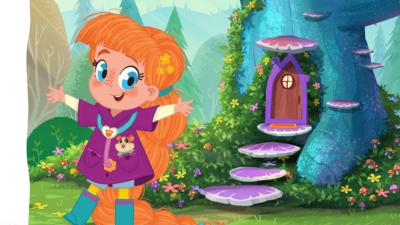 Illustration showing a young girl, Vida, with her hands in the air smiling. She is wearing a stethoscope and has her pet hamster in her pocket. There are steps in the background leading to a door in a tree.