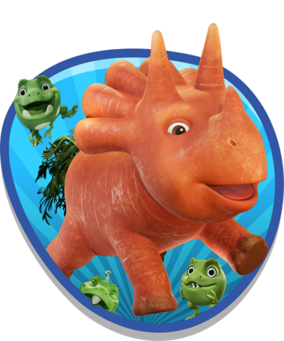Ginger the dinosaur is smiling to camera running, three peas are behind her.