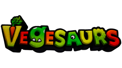 Text says 'Vegesaurs' with gradient red and green colours with vegetables in it.