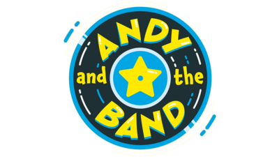Circle logo that has text saying 'andy and the band', there is a yellow star in the middle.