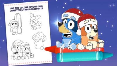Bluey and Bingo's Christmas ornaments to colour in.